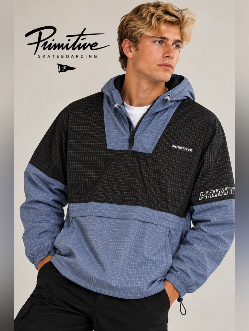 Primitive Men’s Two-Tone Blue & Black Hooded Pullover Jacket
